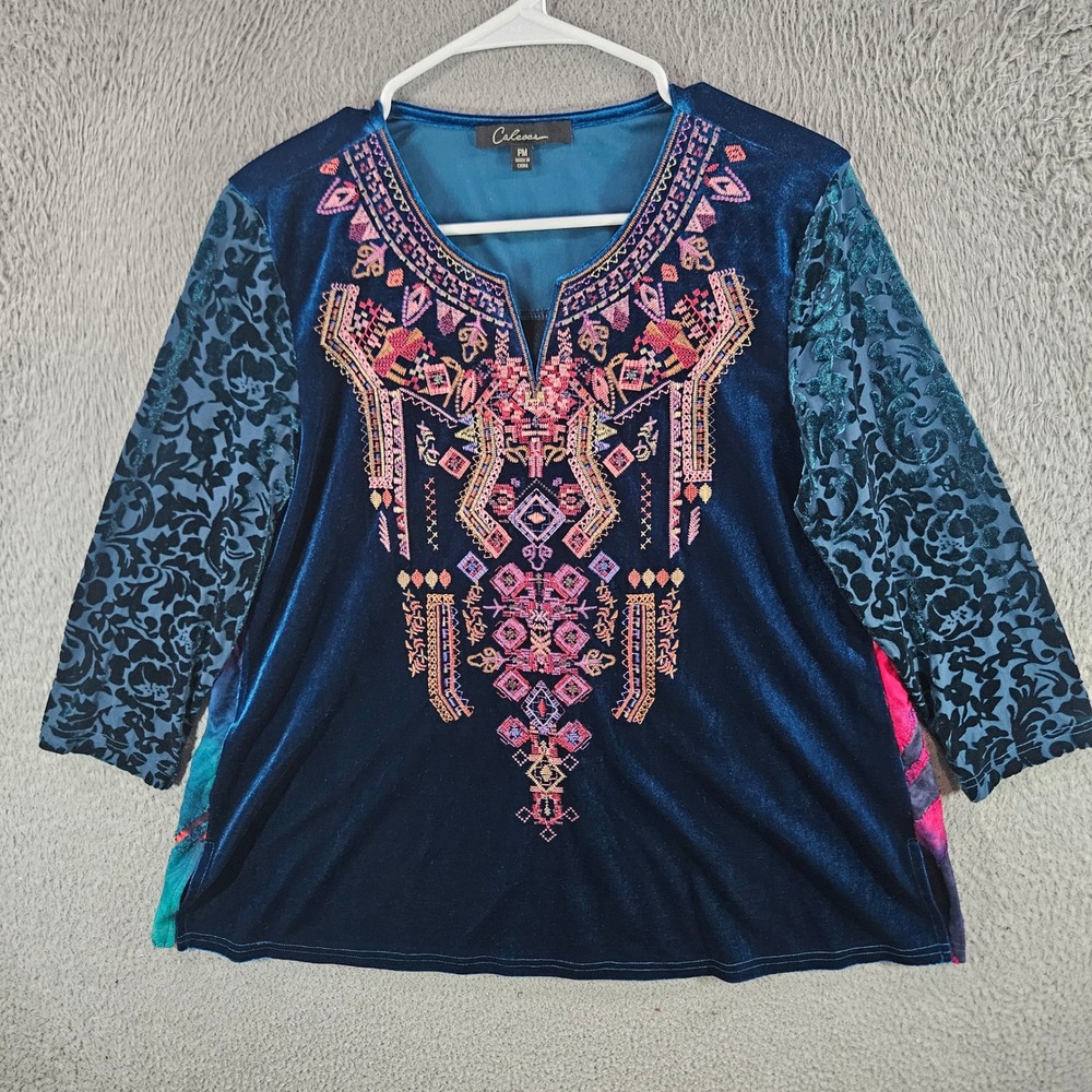 Calessa Women Teal Blue Velvet Embroidered Boho Top Petite Medium Tie Dye Back